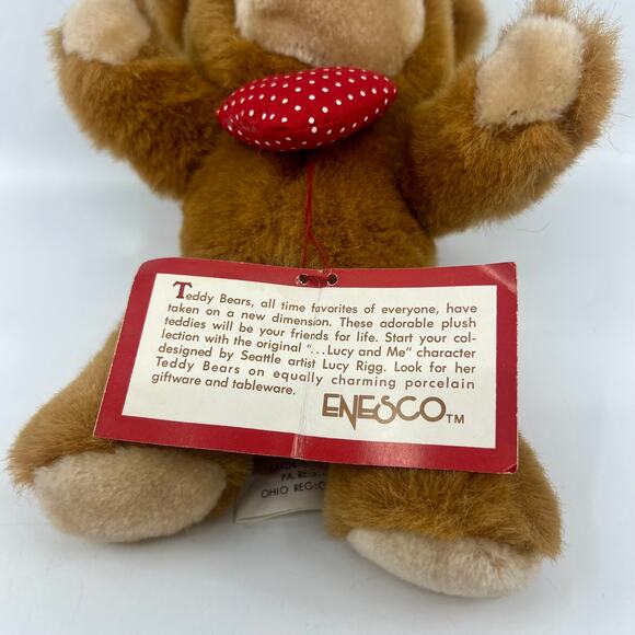 Lucy & Me Bear Plush 1984 Enesco New With Tags Red/ White Dot Bow and Red heart - Picture 4 of 6